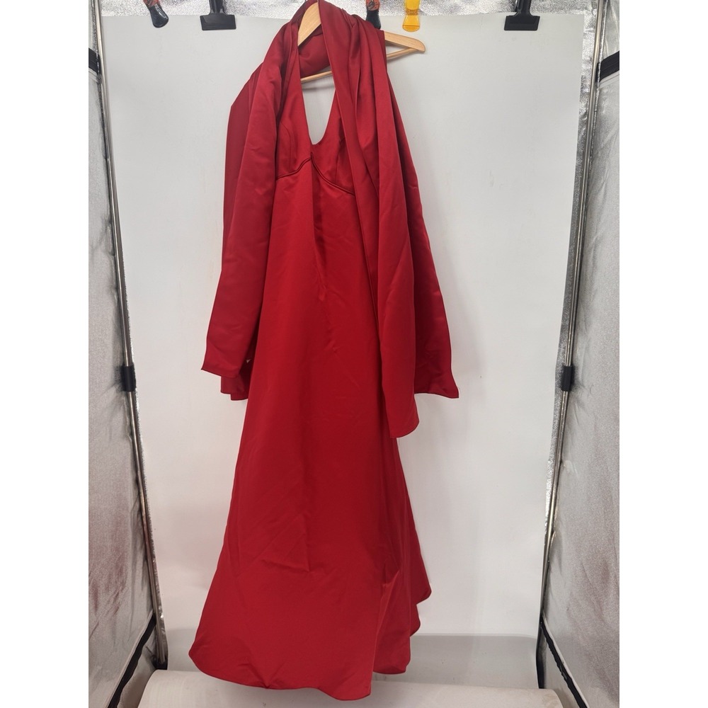 David's Bridal Red Satin Halter Formal Gown Size 8 Beaded Prom Evening Dress NWT